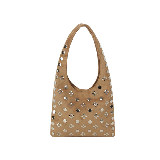 Studded Vegan Suede Hobo Shoulder Bag