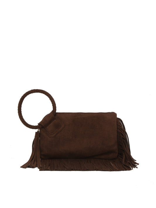 Braided Ring Fringe Suede Wristlet Clutch