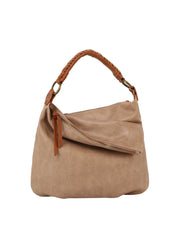 A beige soft leather hobo shoulder bag with a top zip closure and a brown strap.
