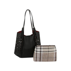 2 in 1 Side puched hole detail tote and checkered cotton pouch set