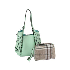 2 in 1 Side puched hole detail tote and checkered cotton pouch set