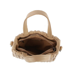 Woven design top handle bucket bag with crossbody chain
