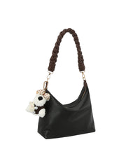 Braided Handle Slouch Hobo Shoulder Bag with Dog Charm