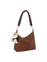 Braided Handle Slouch Hobo Shoulder Bag with Dog Charm