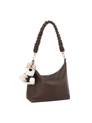 Braided Handle Slouch Hobo Shoulder Bag with Dog Charm