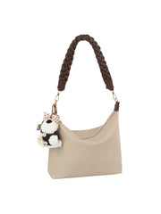Braided Handle Slouch Hobo Shoulder Bag with Dog Charm
