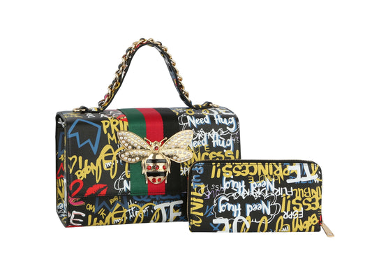 Multi Graffiti Fashion Patent leather Bee Satchel with Wallet shoulder bag