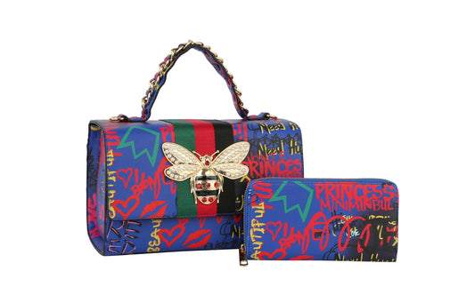 Multi Graffiti Fashion Patent leather Bee Satchel with Wallet shoulder bag