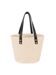 Drawstring Straw Tote with Leather Handles