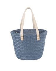 Drawstring Straw Tote with Leather Handles