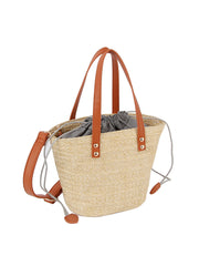 Drawstring Straw Tote with Leather Handles