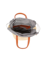 Drawstring Straw Tote with Leather Handles