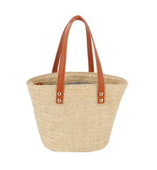 Drawstring Straw Tote with Leather Handles