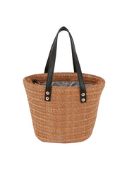 Drawstring Straw Tote with Leather Handles