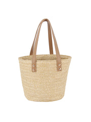 Drawstring Straw Tote with Leather Handles