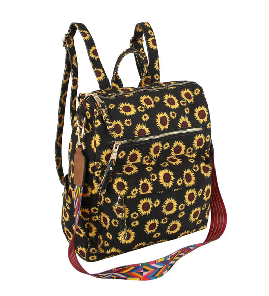 Sunflower Printed Backpack Travel Bag with Guitar Strap