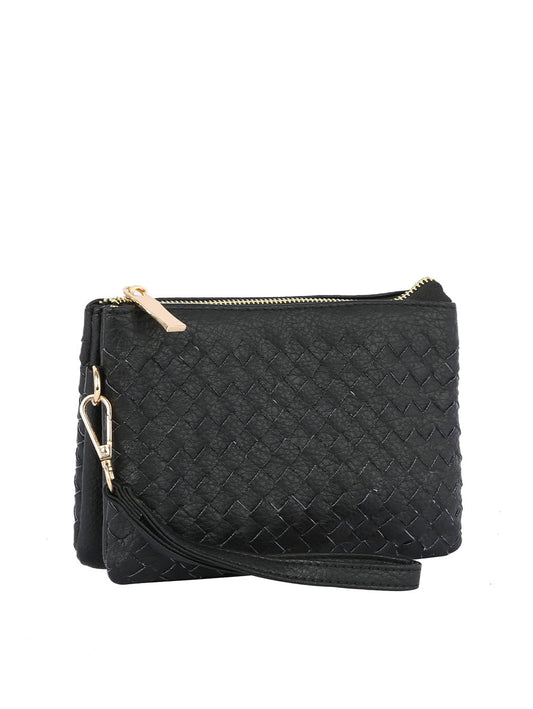 Woven tripe comparament convertible clutch crossbody wristlet