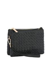 Woven tripe comparament convertible clutch crossbody wristlet