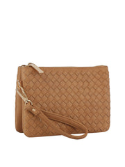 Woven tripe comparament convertible clutch crossbody wristlet